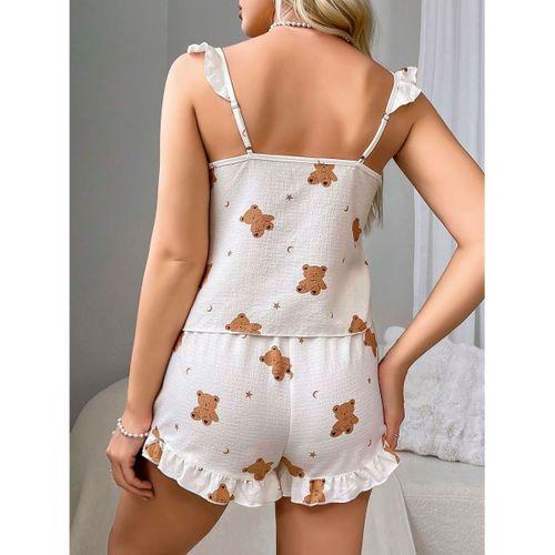 Pamuklu Ayıcık Desen Fırfırlı Askılı Şortlu Pijama Takımı