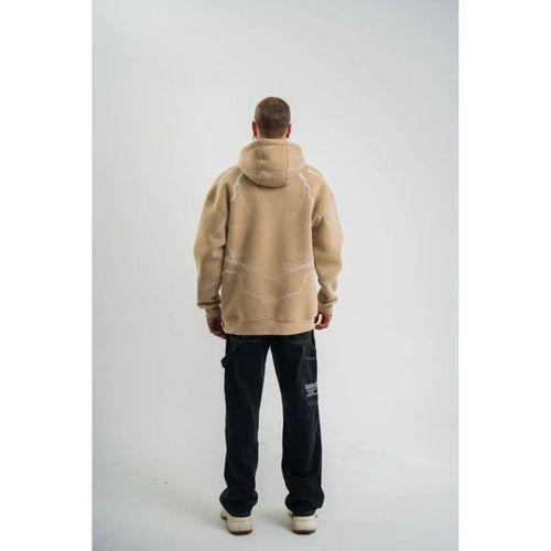 Erkek Şimşek Baskılı Kapşonlu Sweatshirt Üç İplik Pamuklu Kanguru Cepli Double Oversize Hoodie - Bej