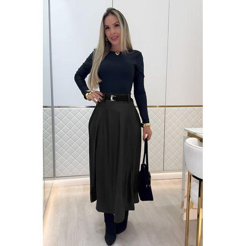 Kadın Yüksek Belli Maxi Deri Kemersiz Etek