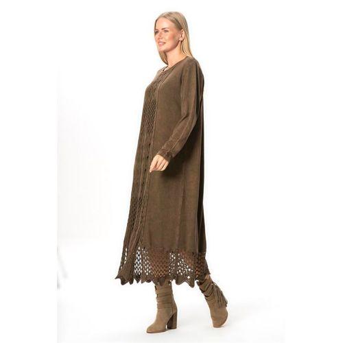 Uzun Kol Sena Etnik Desenli Sonbahar ve Kışlık Uzun Triko Elbise Kahve Khv