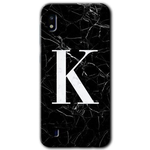 Samsung Galaxy A10 Kılıf Baskılı Kapak - Siyah Mermer Desenli K Harfi +Tam Ekran Koruyucu