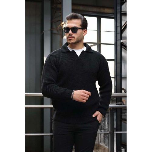 Oversize Gömlek Polo Yaka Selanik Örgülü Erkek Triko Kazak - Siyah
