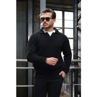 Oversize Gömlek Polo Yaka Selanik Örgülü Erkek Triko Kazak - Siyah