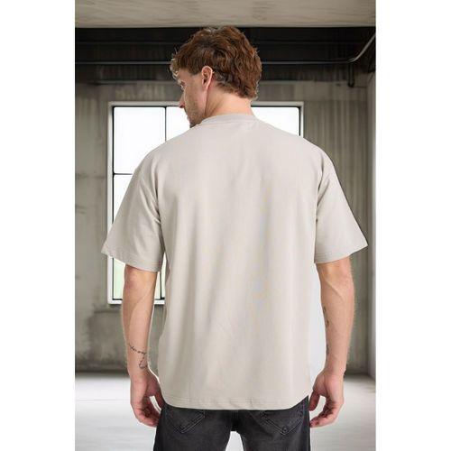 İki İplik Kumaş Pamuklu Bisiklet Yaka Basic Oversize Erkek T-Shirt - Mineral Gri