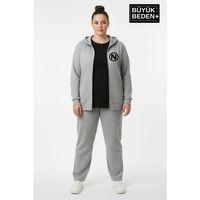 Kadın Büyük Beden Kapüşonlu Fermuarlı N Baskılı Sweatshirt Hırka SPR26BHRK922