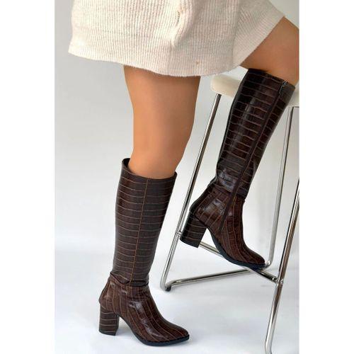 Morena Acı Kahve Desenli Rugan Topuklu Çizme