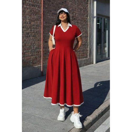 Kadın Kısa Kollu V Yakalı Pileli Uzun Janjan Krep Elbise