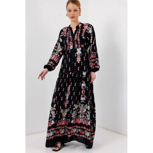 2423 Otantik Desenli Tesettür Elbise - Siyah - Kiremit