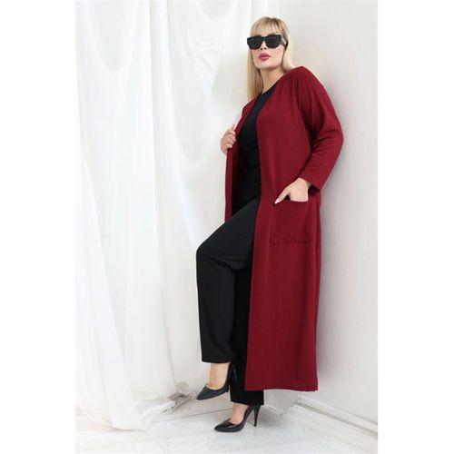 Melsay Butik Büyük Beden Bordo Dokulu Örme Kumaş Uzun Kadın Hırka