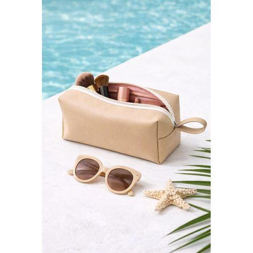 Deri Makyaj Kozmetik Çantası Seyahat Tipi Çanta Organizer Bej