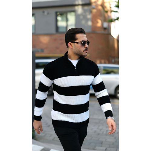 Erkek Şerit Renk Desenli Zip Yaka Kazak