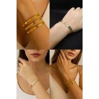 2'Lİ Set - 3 Adet Kalın Ajda Bilezik, Balık Kılçığı Yassı Gold Kaplama Bileklik SNJ-SET1006