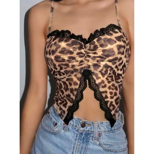 Kadın Leopar Desenli Crop Önden Dantel Detaylı 5095