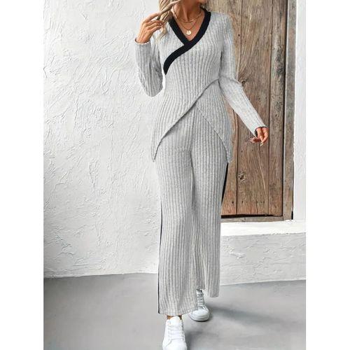 Kadın Uzun Kollu V Yakalı çapraz Detaylı şardonlu Kaşkorse Bluz Ve Pantolon Ikili Takım