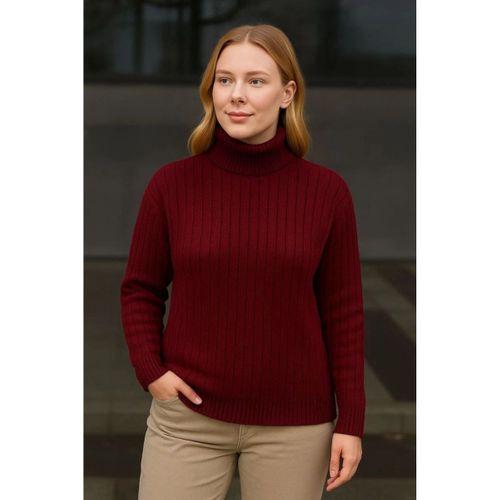 Balıkcı Yaka Bağazlı Triko Kazak Pamuklu Kalın Fitilli Dokuma - Bordo