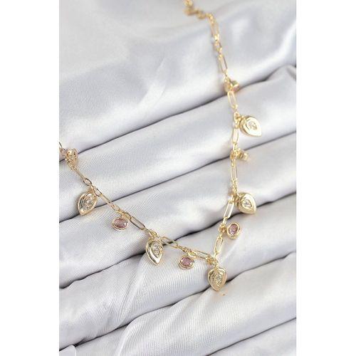 Pirinç Zirkon Taşlı Sallantılı Damla Model Gold Renk Kadın Kolye - TJ-BKO10492