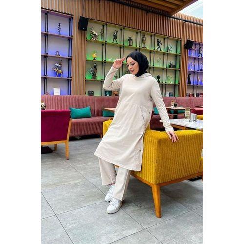 Kapşonlu Yandat Çıtçıtlı Sade Basic Uzun Tunik ve Pantolon İkili Spor Takım - 03071.027 - Ekru