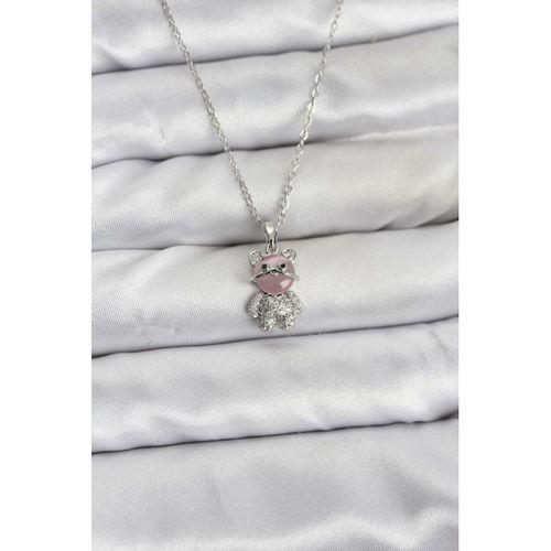 316L Çelik Zincir Gümüş Renk Teddy Bear Model Zirkon Taşlı Kadın Kolye