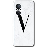 Huawei Nova 9 SE HD Baskılı Kılıf + 9D Tam Ekran Koruyucu - Beyaz Mermer Desenli V Harfi
