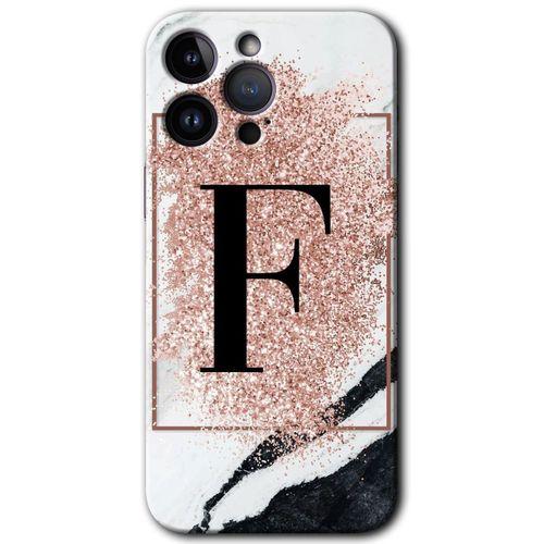 iPhone 14 Pro HD Baskılı Kılıf + 9D Tam Ekran Koruyucu - Pembe Mermer Desenli F Harfi