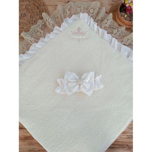 Yenidoğan Wool Yün Kumaş Taç Nakışlı Güpür Duvaklı Fiyonk Prizma Taş Unisex Kundak Bebek Battaniyesi Bej