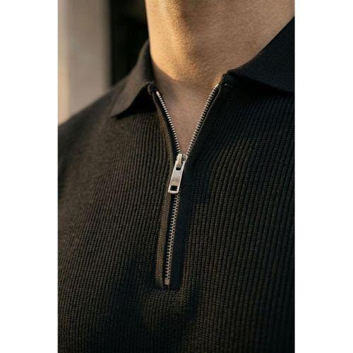 Jeff Selanik Örgü Polo Yaka Yarım Fermuarlı İnce Triko Erkek T-Shirt - Siyah