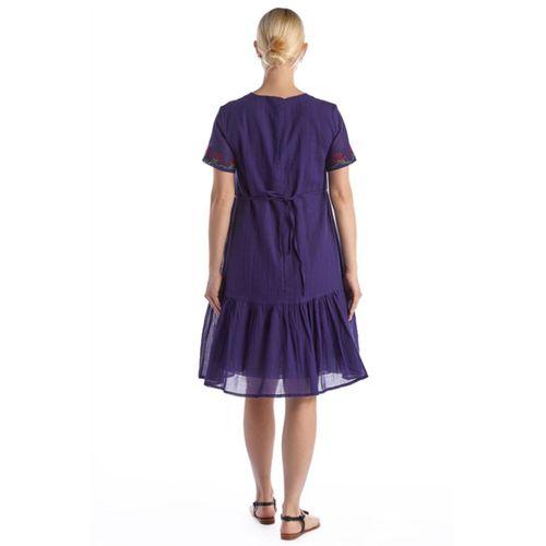 Kısa Kol Mor Bağcıklı V Yaka Nakışlı Yazlık Vual Kısa Elbise