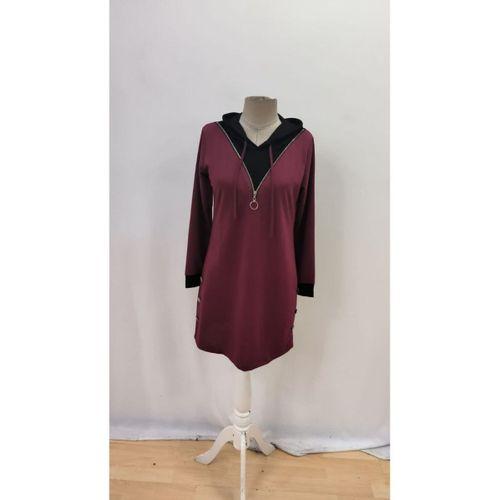 Kadın Uzun Kollu Kapşonlu önden Fermuarlı Düğmeli Mini Iki Iplik Elbise