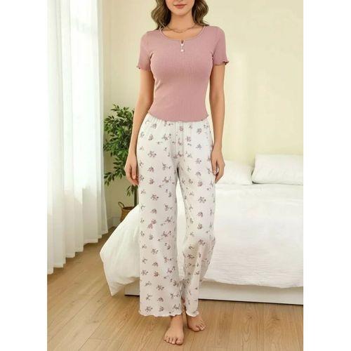 Kadın Çiçekli Desenli Uzun Pijama Takımı Yumuşak Pamuklu Rahat Ev Giyimi Özel Tasarım