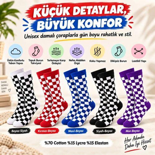 Unisex Çorap Dama Desenli Renkli 10'lu Set Kareli Uzun Soket Günlük Spor Eğlenceli Rahat Çorap Seti
