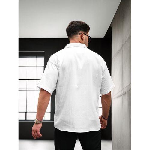 Oversize Rahat Fitilli Kısa Kol Erkek Gömlek - Beyaz