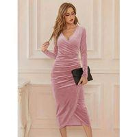 Kadın Uzun Kollu Kruvaze Yaka Belden Büzgü Detay Midi Kadife Elbise