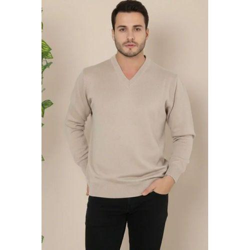 Erkek V Yaka Triko Kazak Yumuşak Dokulu Pamuklu Ince Dokuma, Uzun Kollu Rahat Regular Kalıp - Bej