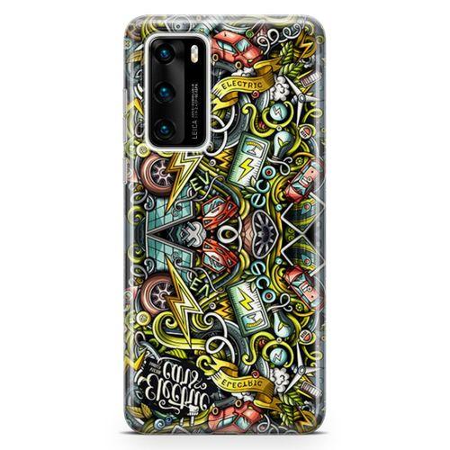 Huawei P40 Kılıf Elektrikli Araba Doodle Arka Kapak Koruma Desenli Full Koruyucu