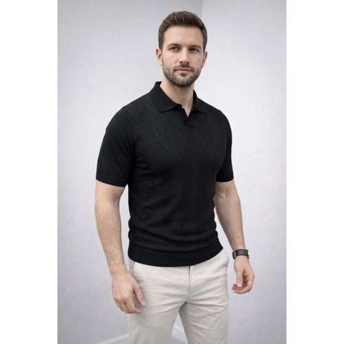 Erkek Yazlık Triko Dokuma Tişört Kısa Kol Polo Yaka T-Shirt - Siyah