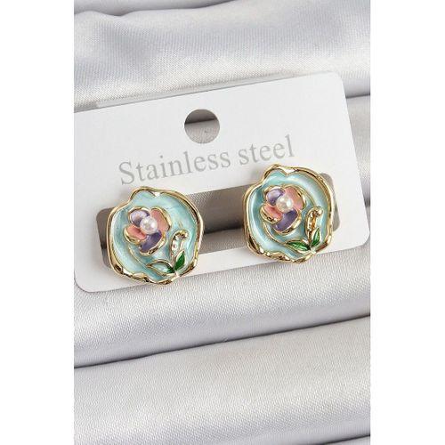 Pirinç Yeşil Mineli Çiçek Figürlü Sanatsal Portre Model Gold Renk Kadın Küpe