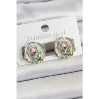 Pirinç Yeşil Mineli Çiçek Figürlü Sanatsal Portre Model Gold Renk Kadın Küpe