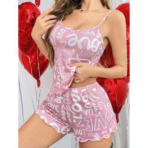 Kadın Pembe Love Yazı Desenli Şortlu Pijama Takımı Rahat Şık 2’li Set