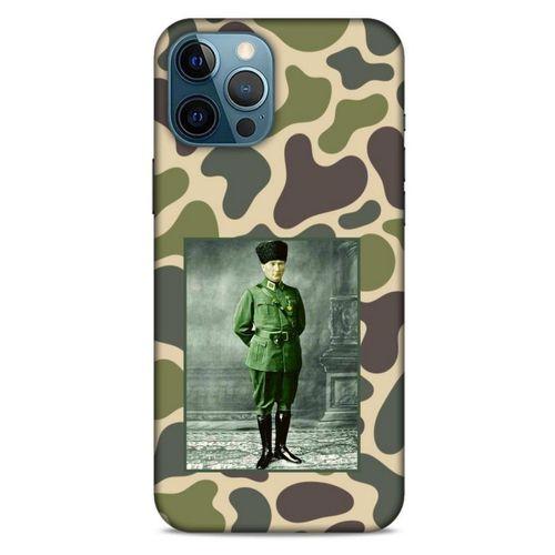 Apple iPhone 12 Pro Max Kılıf Atatürk (15) Antişok Kılıf Kamuflaj Kahverengi