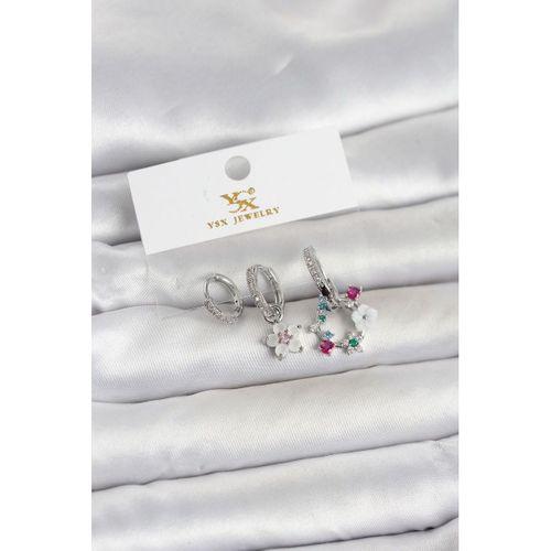 Pirinç Gümüş Renk Çiçek Model 3'lü Kadın Küpe