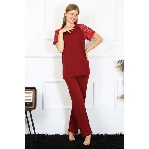 Kadın Kolu Dantelli Penye Pijama Takım Bordo