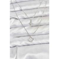 Pirinç Gümüş Renk Yonca Model 2'li Kadın Kolye