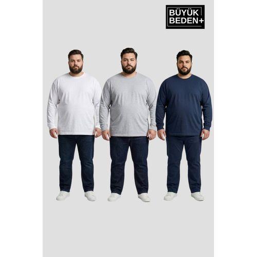 Erkek Büyük Beden 3 lü Set Uzun Kollu 2 İplik Bisiklet Yaka Tişört SPR26BEA942+3