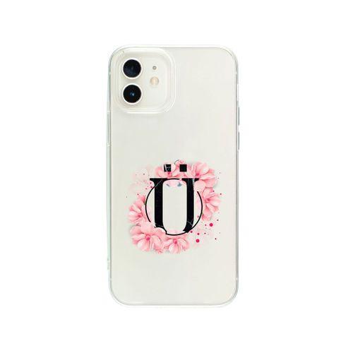 iPhone 12 Pembe Çiçek Desen Ü Harfli Premium Şeffaf Telefon Kılıfı