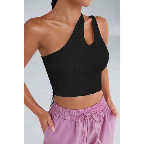 Kadın Siyah Modern Fit Tek Omuz Cut Out Detaylı Crop Top Bluz
