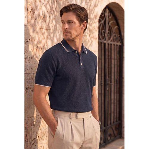 Balzac Yakası Şeritli Düğmeli Polo Yaka Basic Günlük Petek Örgü Triko Erkek T-Shirt - Lacivert