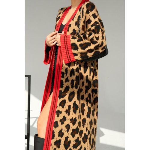 Uzun Leopar Hırka - Camel-Kırmızı