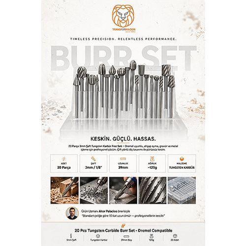 20 Parça 3mm Şaft Tungsten Karbür Frez Seti Dremel Uyumlu Ahşap Oyma Gravür Metal İşleme Ucu Takımı 723529