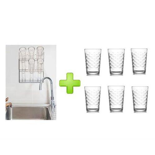 Cam Altılı Su,Meşrubat Bardağı Ve Duvar Monte Bardak Kurutmalık Set