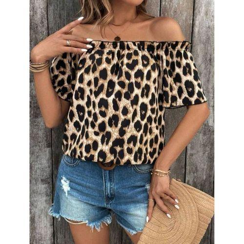 Kadın Madonna Yaka Fırfırlı Leopar Desenli Mikro Kumaş Bluz